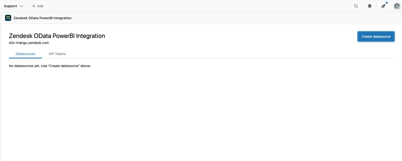 The app after connecting: an empty Datasources tab with the Create datasource button