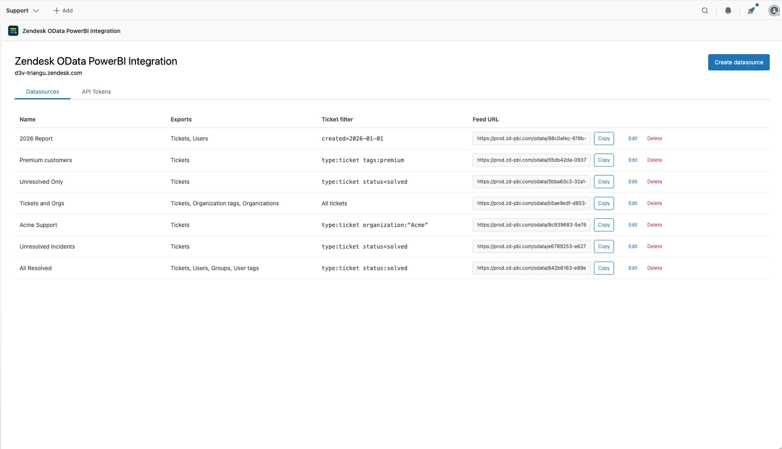The Datasources tab listing several datasources, each with its tables, ticket filter and feed URL