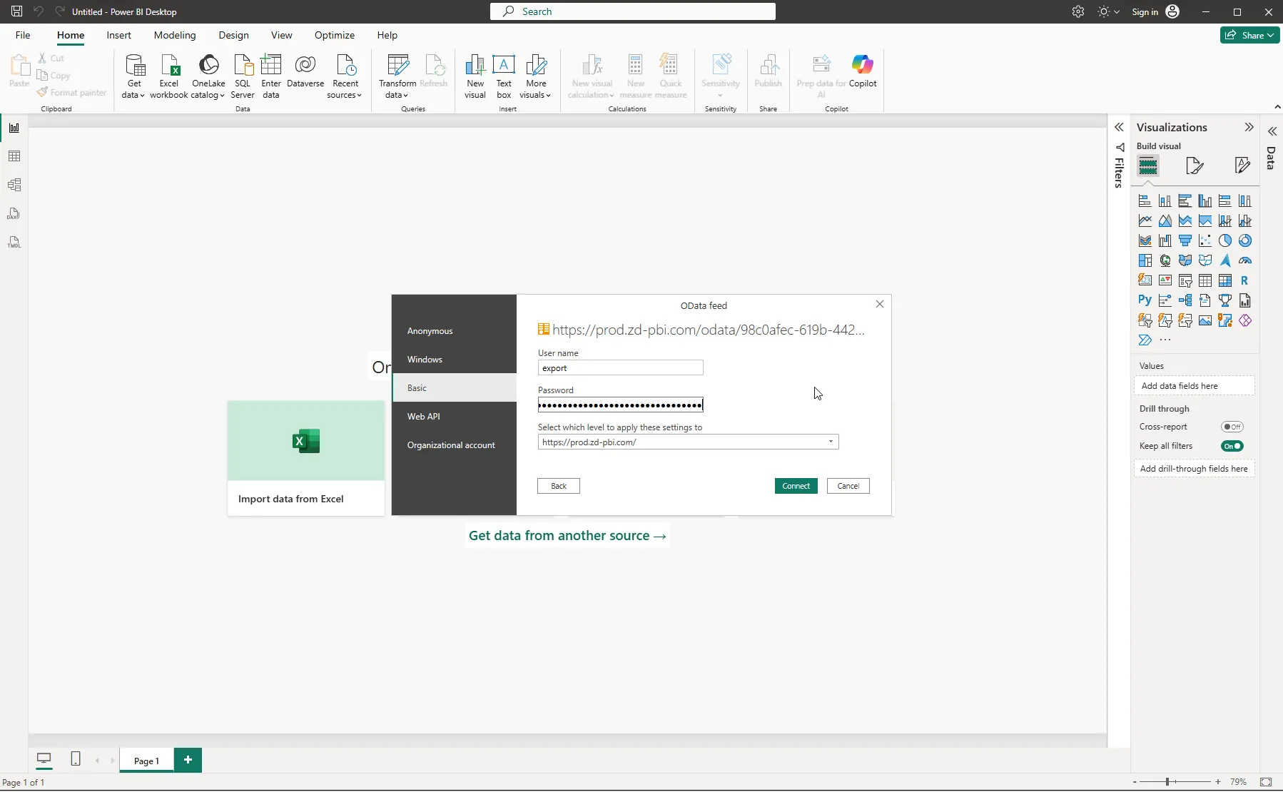 The OData feed credentials dialog with Basic selected, user name export, the token as password, and the host chosen as the level