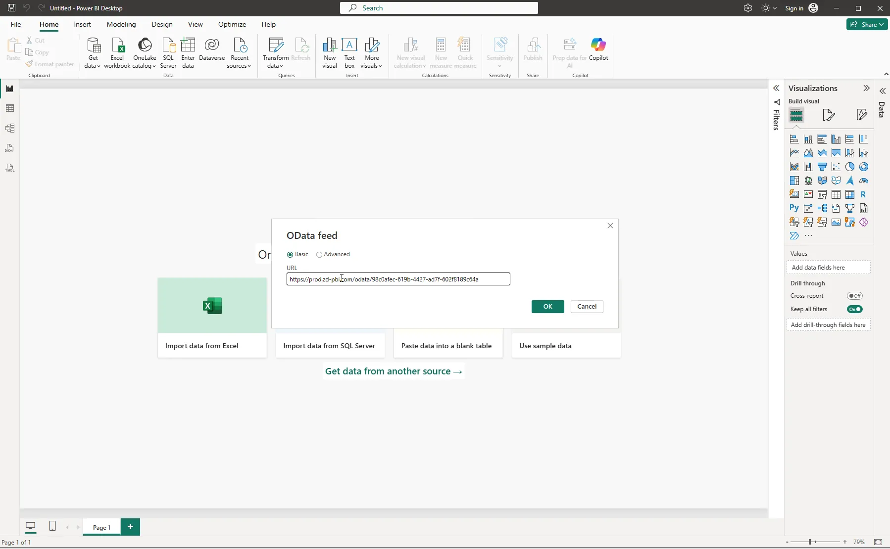The OData feed dialog with a feed URL pasted into the URL field