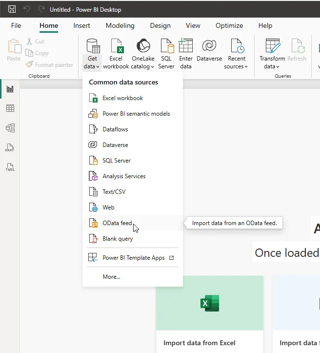 The Get data menu in Power BI Desktop with OData feed highlighted