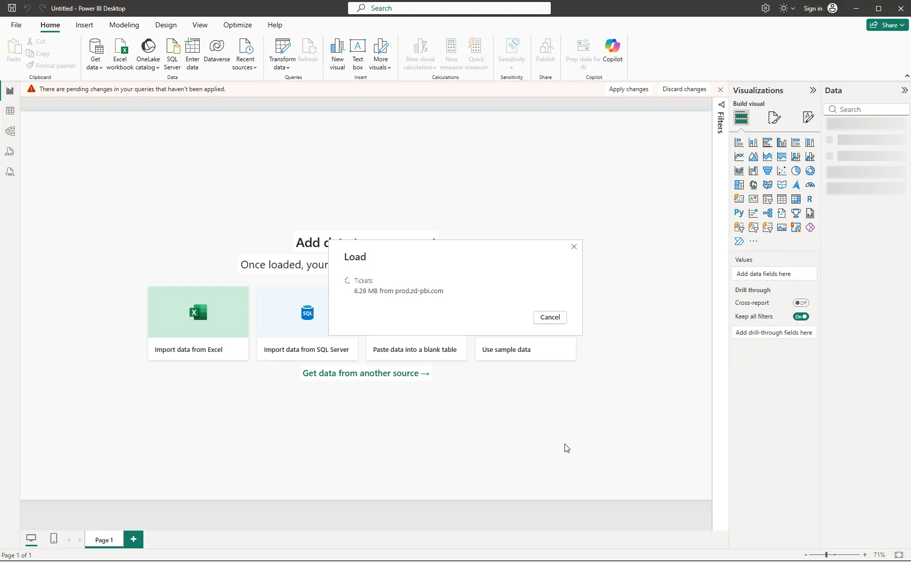 Power BI loading the Tickets table from the feed