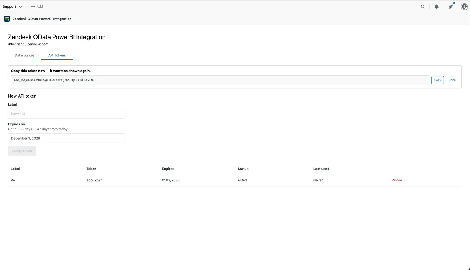 The API Tokens tab with a newly created token and the token list